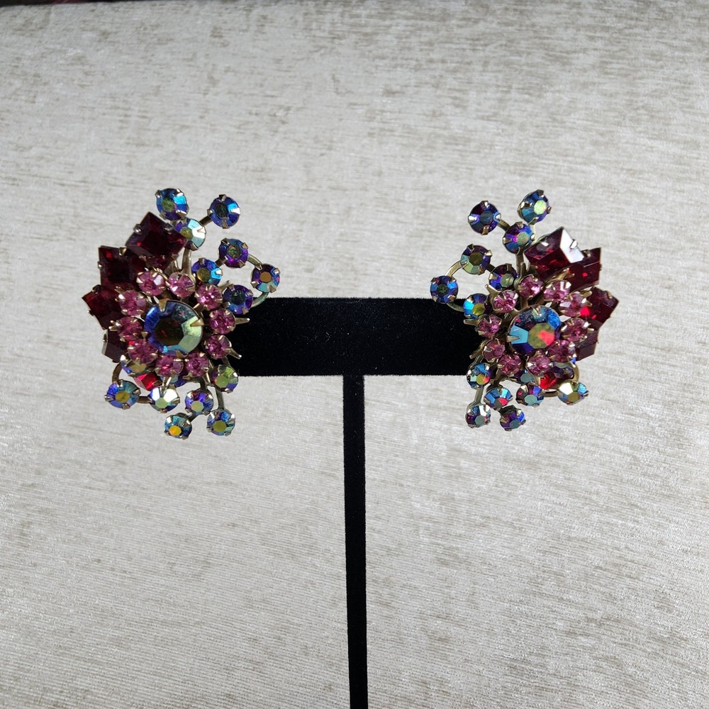 Vintage Red Rhinestone Clip On Earrings Flower Aurora Borealis 1960s Gold Tone
